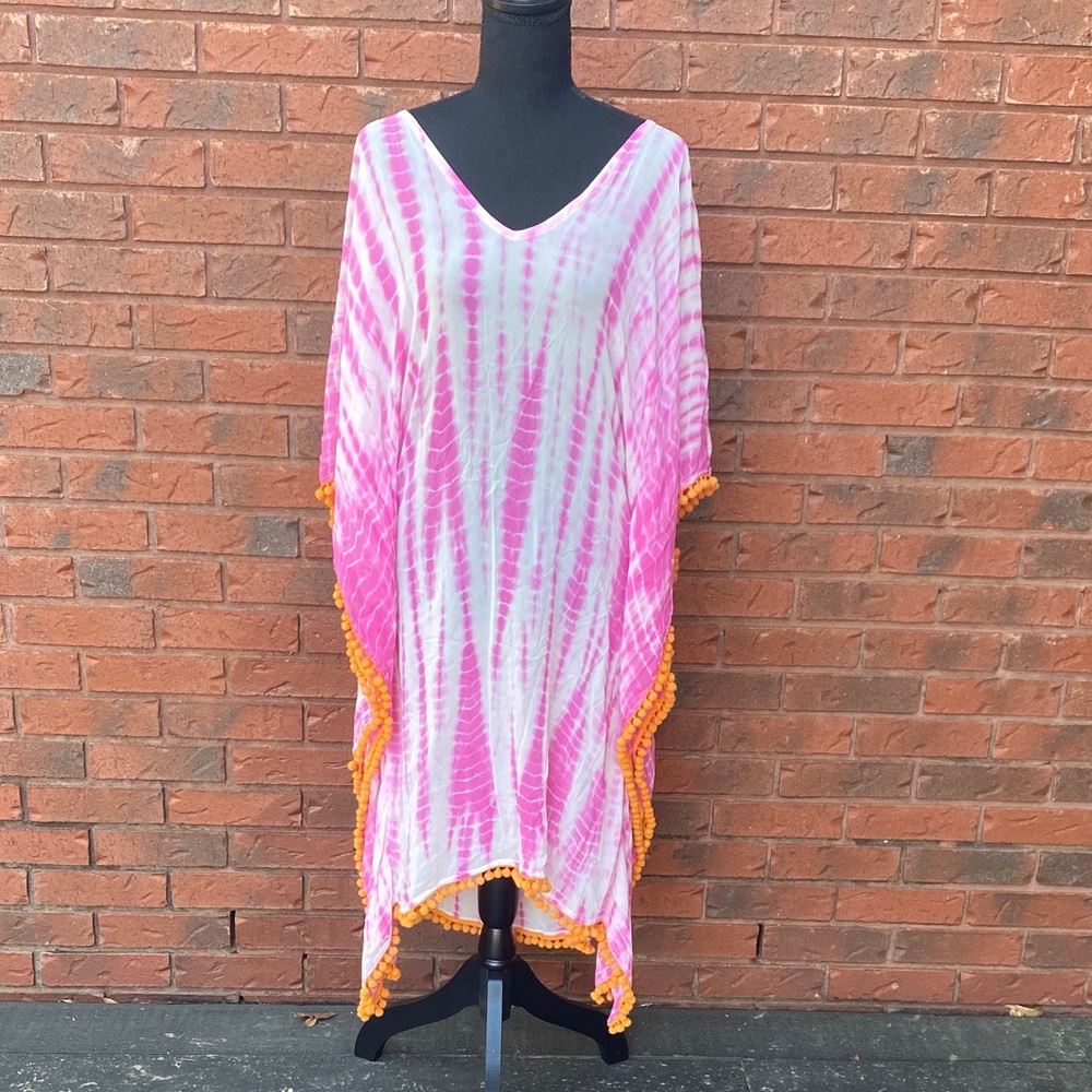 NWT Debbie Katz Pink Silk Tie-Dye Coverup with Orange Pom Trim S